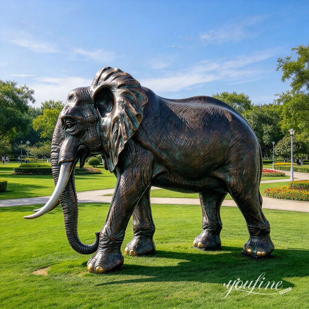 bronze elephant statue placed on an outdoor lawn