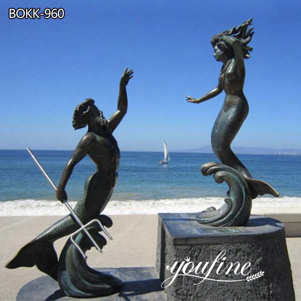 Bronze Triton and Nereida Mermaid Statue