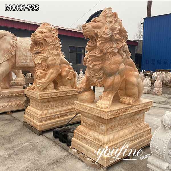 Large Natural Marble Guardian Lion Statue Outdoor Entrance Decor for Sale