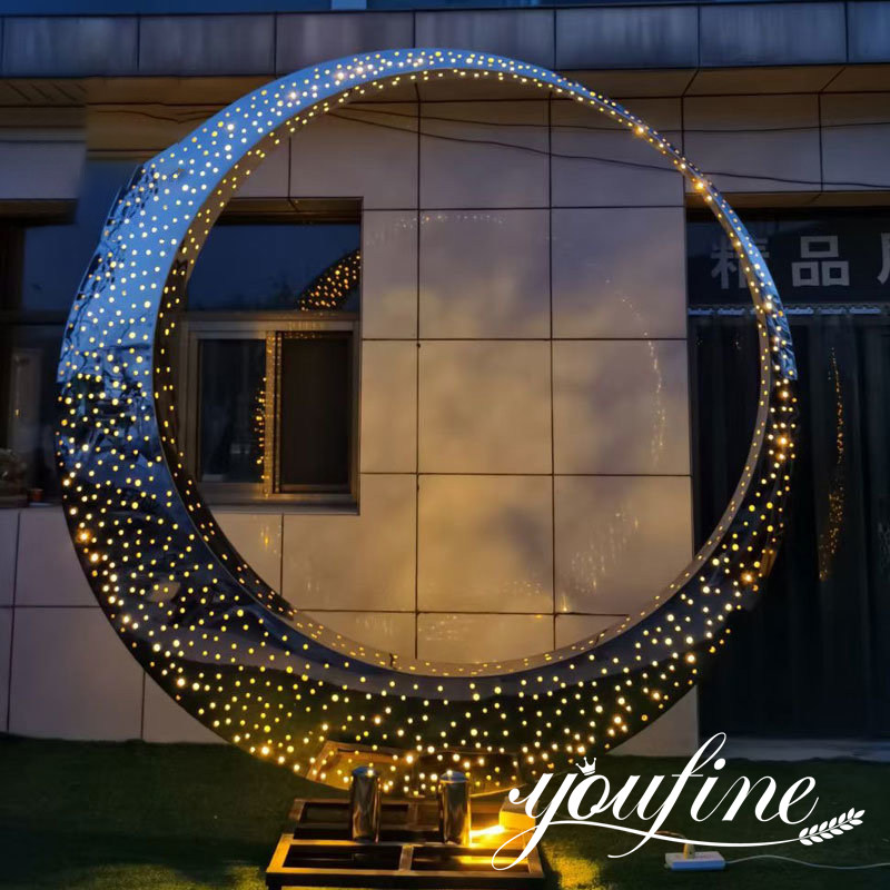 Modern Polished Stainless Steel Circle Round Sculpture with Lights