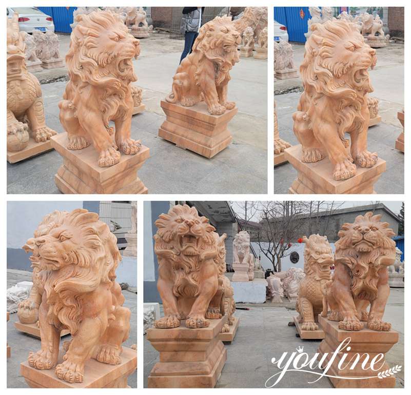 Red Marble Lion Statues for Driveway