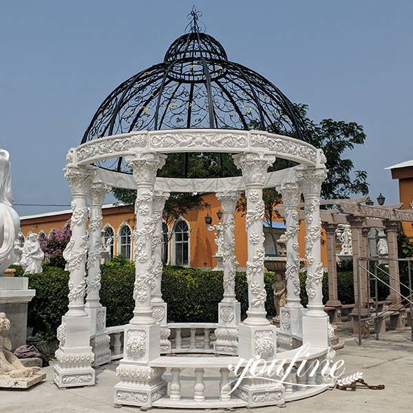 Large Outdoor White Marble Gazebo with Iron Top for Sale