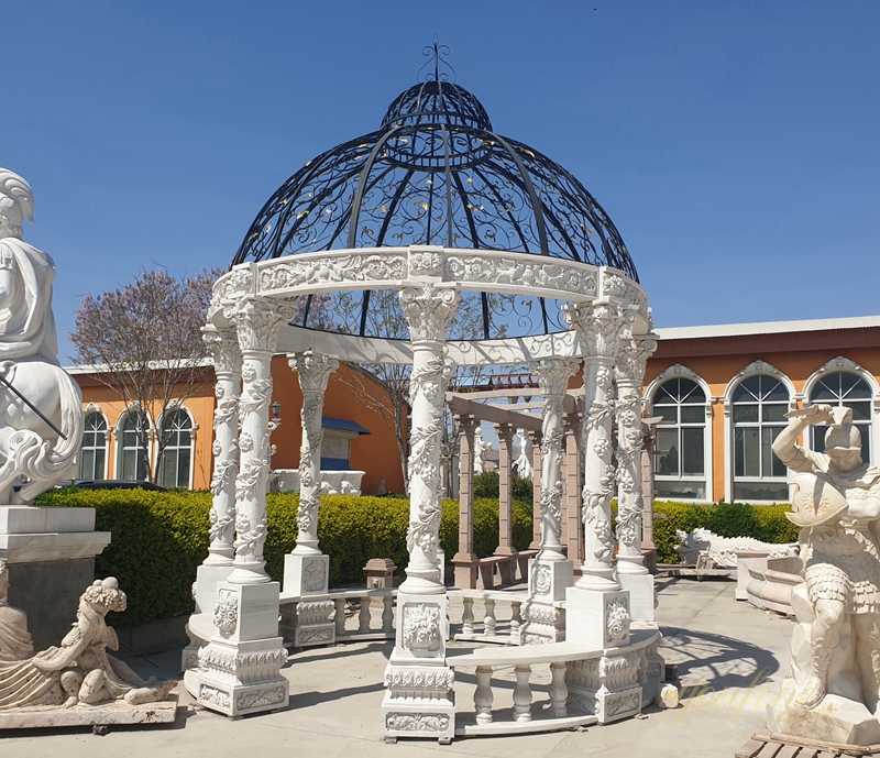 Backyard Large Outdoor White Marble Gazebo with Iron Top for Sale MOKK-848