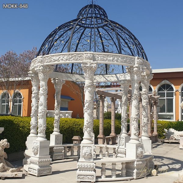 Backyard Large Outdoor White Marble Gazebo with Iron Top for Sale MOKK-848