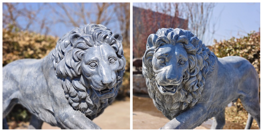 Custom Grey Marble Effect Patina Bronze Lion Holding Ball Statue detail