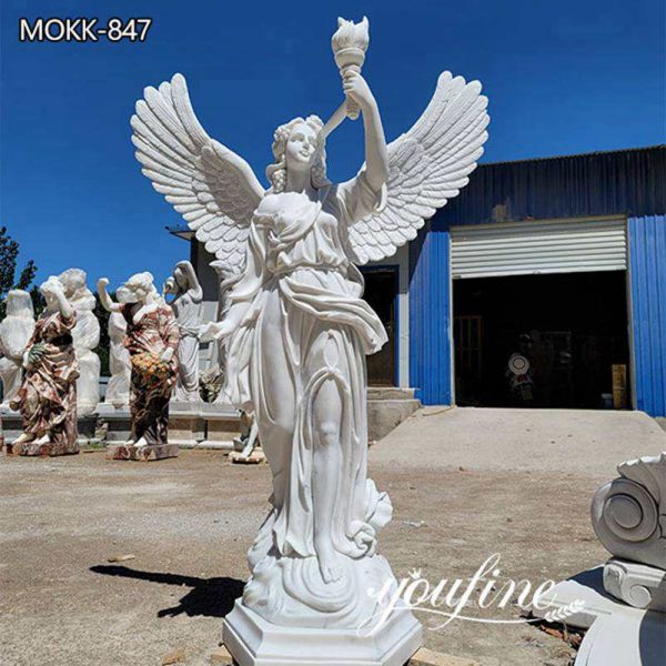 Life Size Marble Angel Holding Torch Statue for Sale