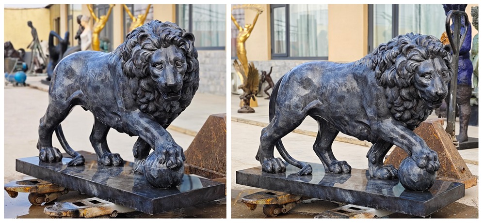 Custom Patina Bronze Lion Holding Ball Statue detail