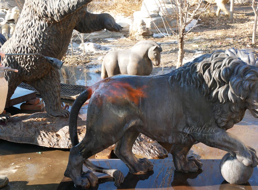 Custom Patina Lion Holding Ball Statue detail