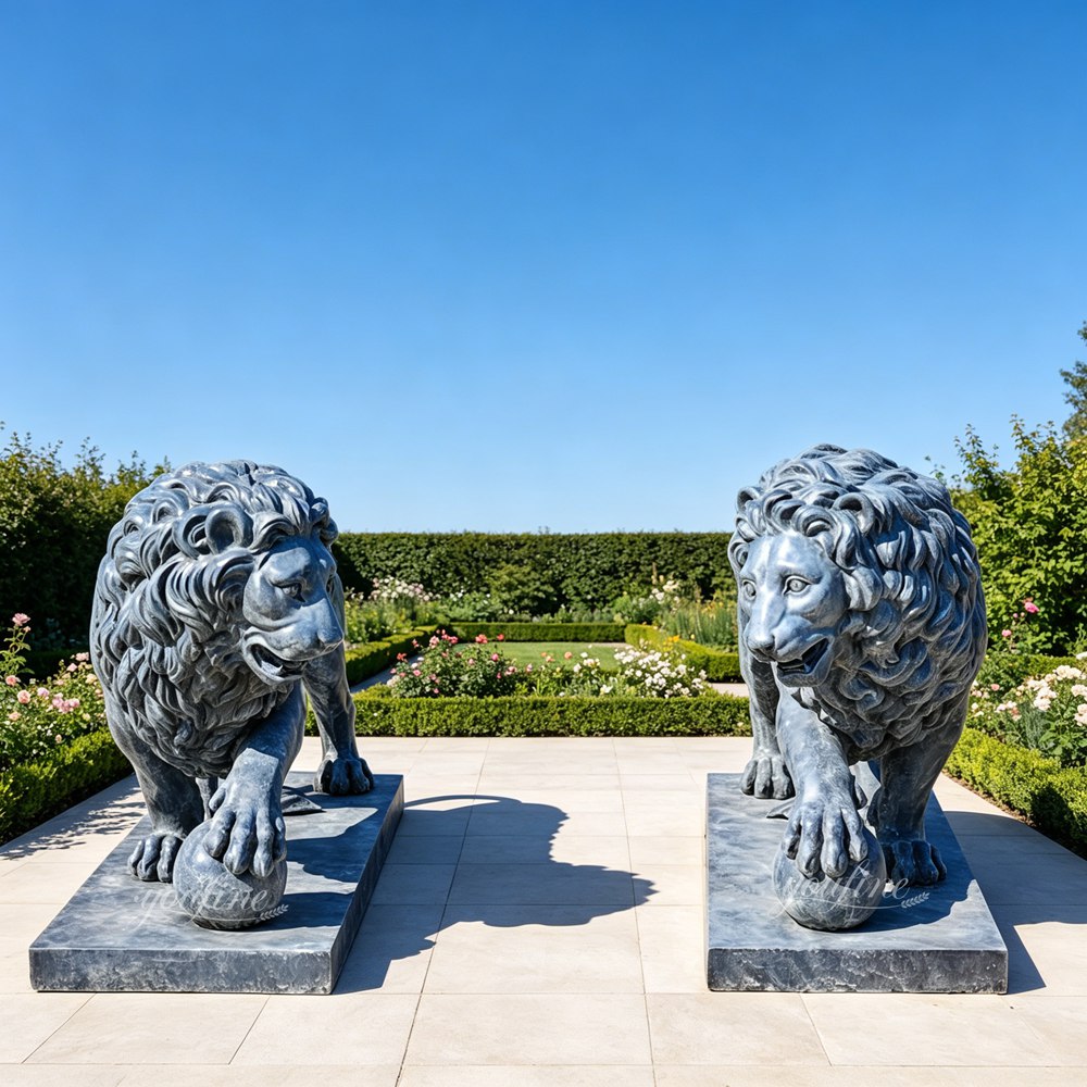 Custom sculpture of a lion holding a ball in garden