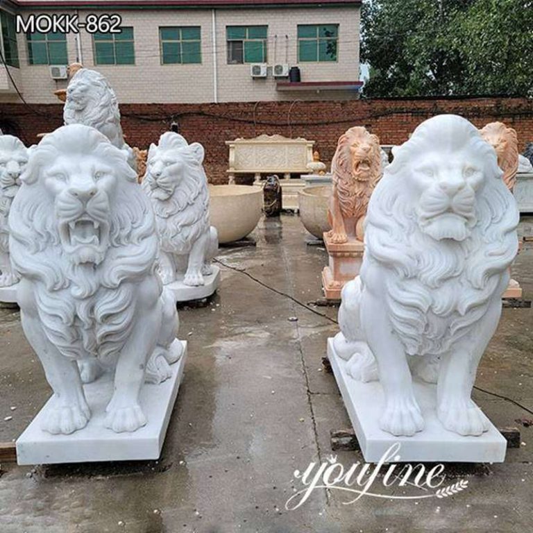 Hand Carved White Marble Lion Statue for Front Porch MOKK862YouFine