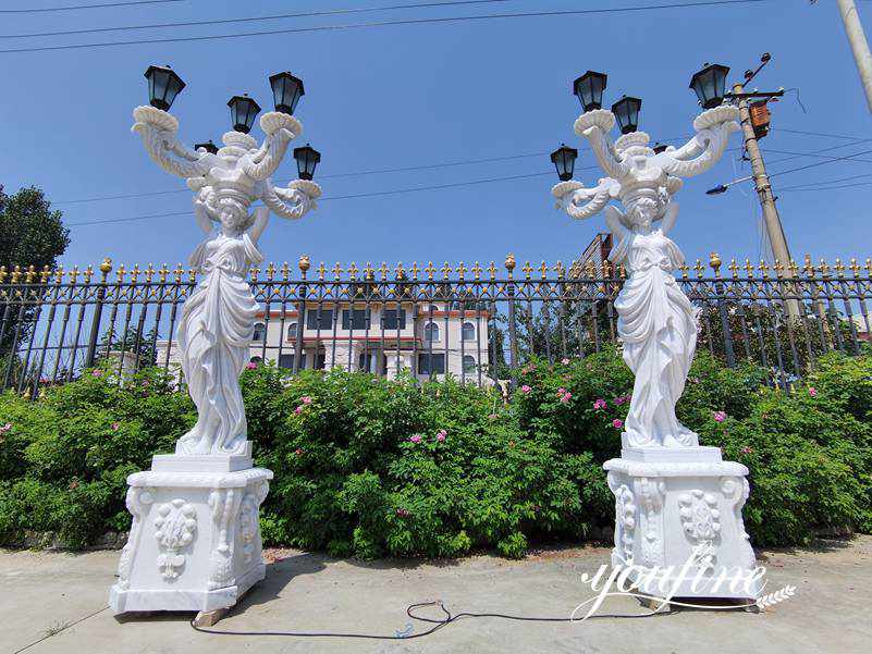 Hand Carved White Marble Statue Lamp Garden Decor for Sale