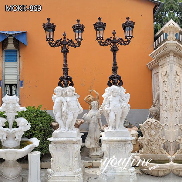 Outdoor Pure White Marble Cherubs Statue Lamp