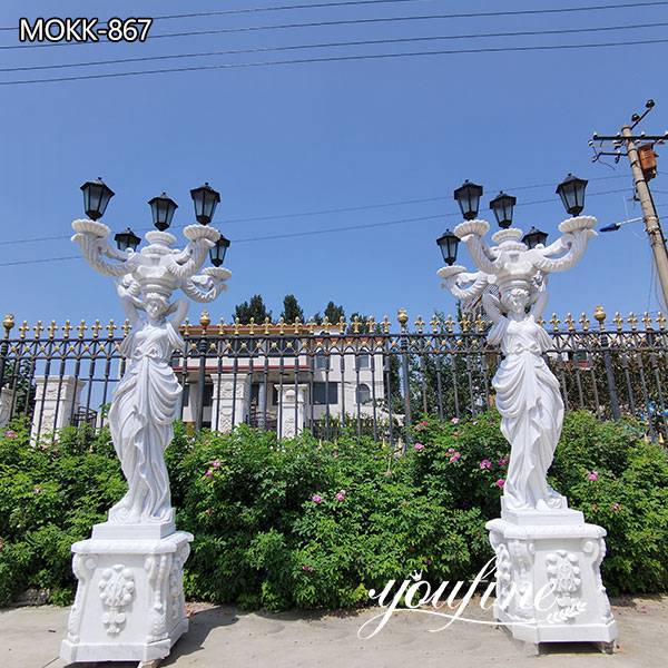 Hand Carved White Marble Statue Lamp Garden Decor for Sale MOKK-867