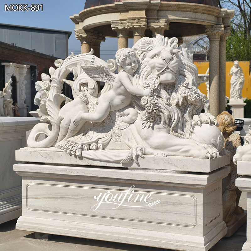 Hand-Carved Marble Lion and Cherub Statues