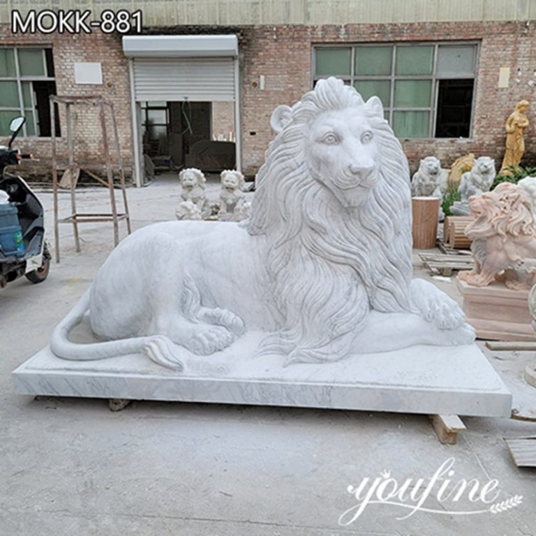 Large White Marble Lion Statues with Ball for Driveway MOKK445YouFine