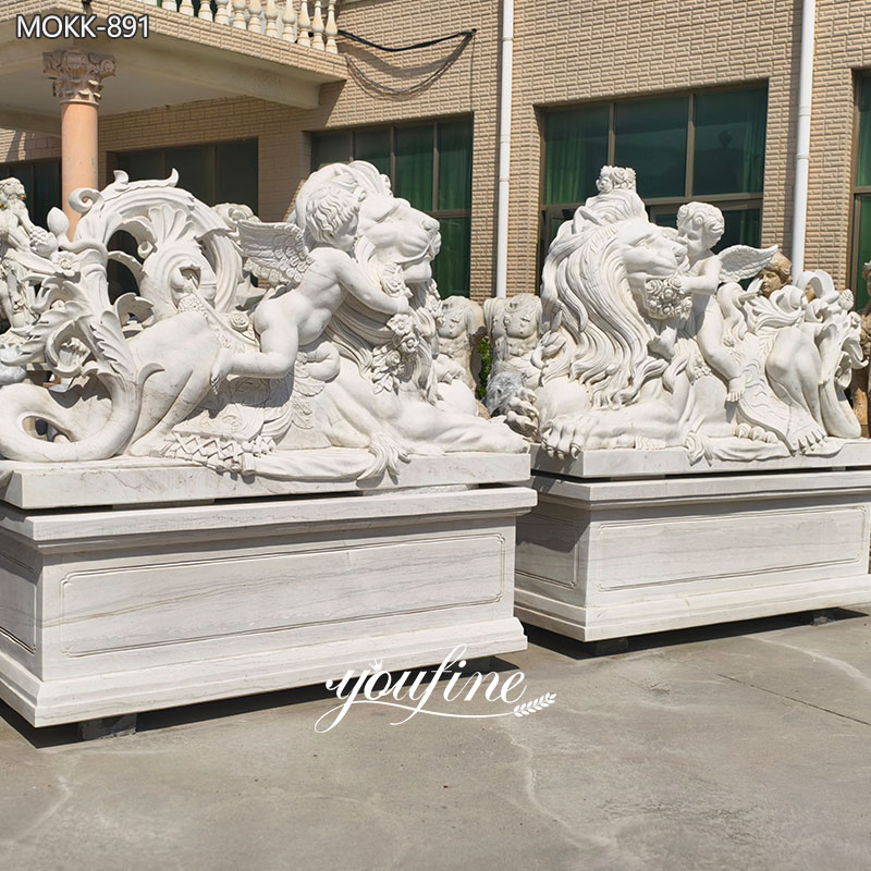 Luxury Hand-Carved Marble Lion and Cherub Statues