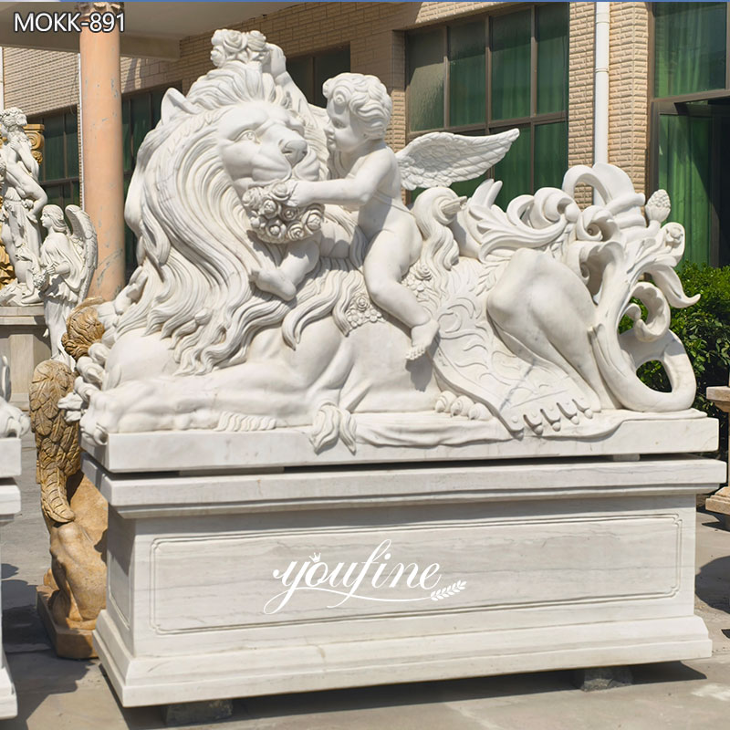Pair of Lion Statues with Cherubs details