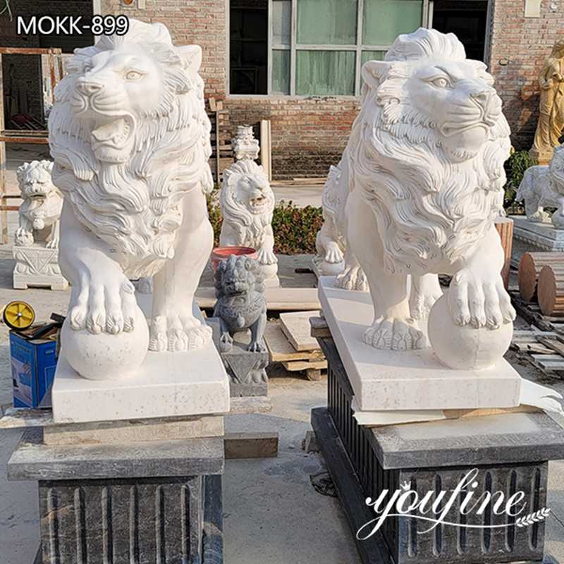 Natural Marble White Lion Statue Pair for Front Porch for Sale MOKK-899 (1)