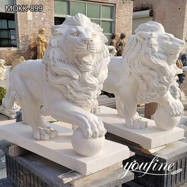 Natural Marble White Lion Statue Pair for Front Porch for Sale MOKK-899 (2)