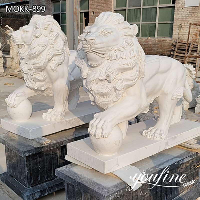 Natural Marble White Lion Statue Pair for Front Porch for Sale MOKK-899 (3)