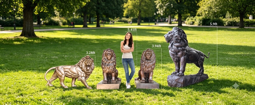 Müxtəlif ölçülü bürünc aslan heykəlləri