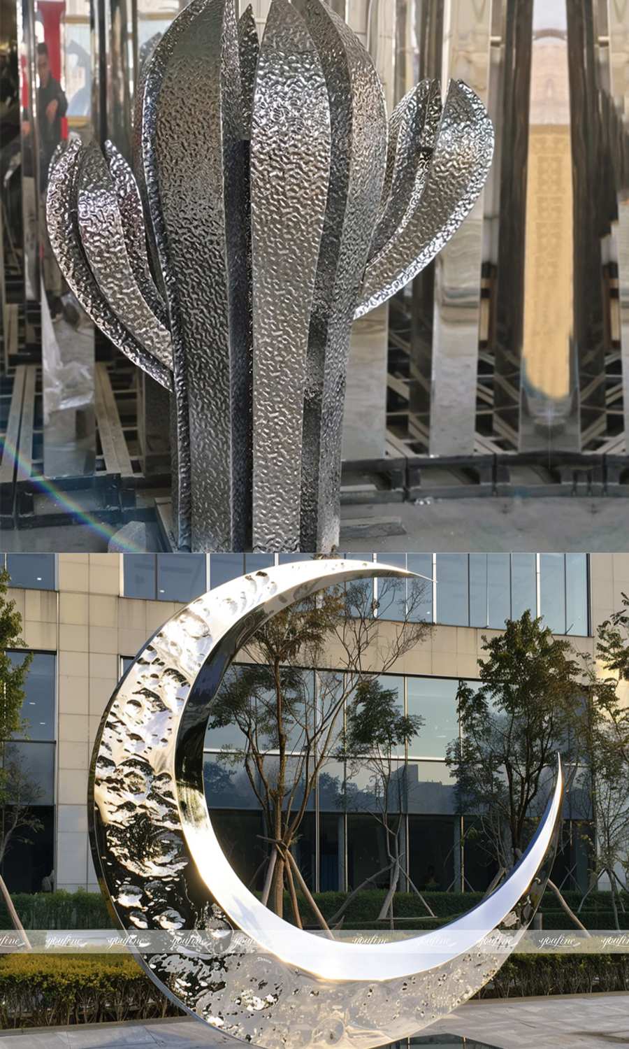 stainless steel sculpture with different brush treatments