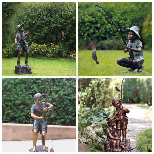 Bronze Little Boy Fishing Statue Yard Decor Factory Supply BOK1096