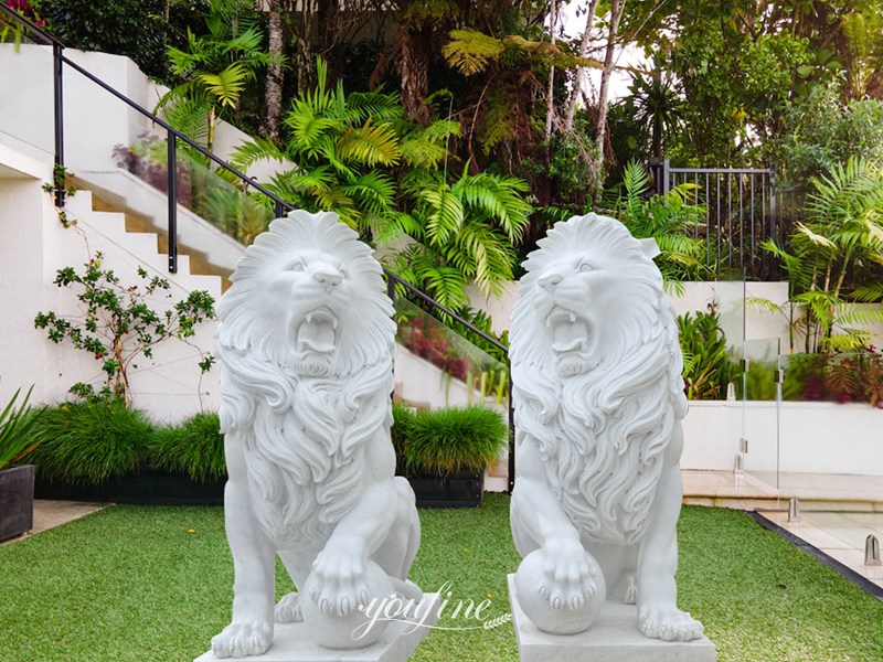 Large White Marble Lion Statues with Ball for Driveway MOKK-445
