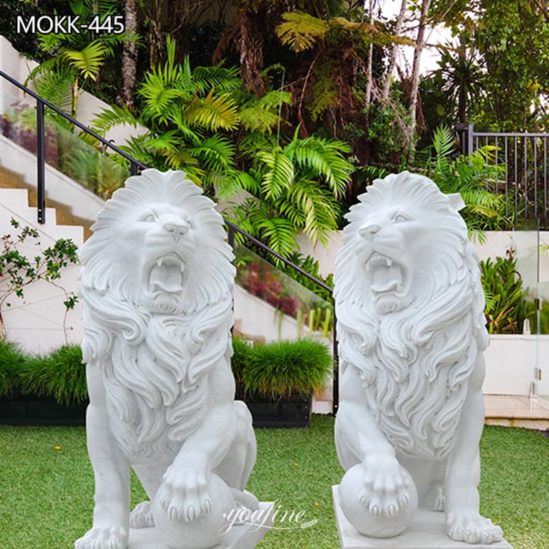 Large White Marble Lion Statues with Ball for Driveway MOKK-445