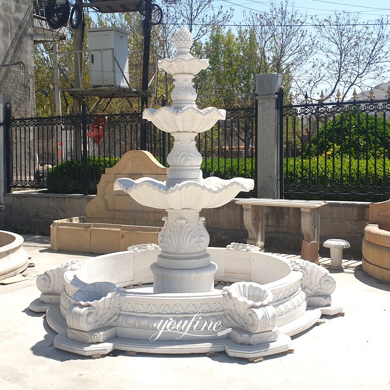 3 tier white marble fountain with Conch Flower Pot