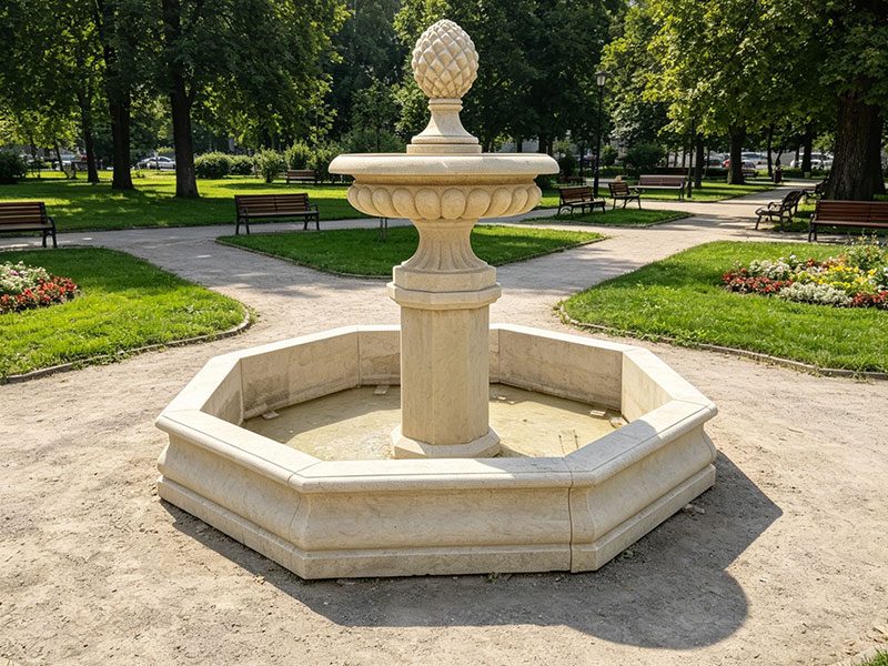малък парк с мраморни фонтани