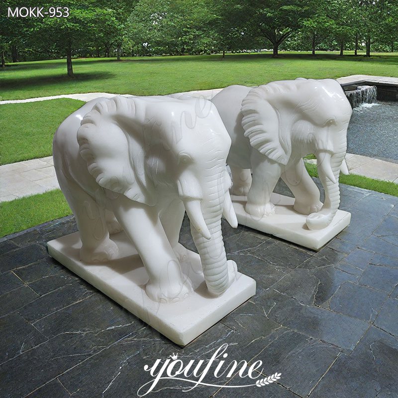 White Marble Elephant Statue Hand Carved Art for Sale MOKK-953