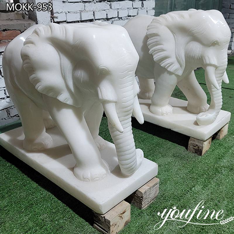 White Marble Elephant Statue Hand Carved Art for Sale MOKK-953