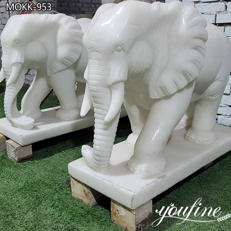 White Marble Elephant Statue Hand Carved Art for Sale MOKK-953