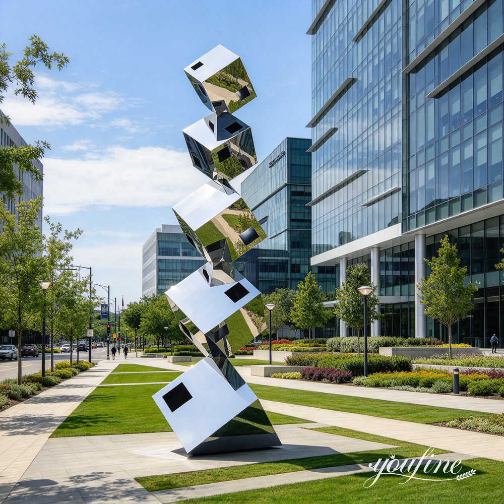 sculpture cubique en acier inoxydable