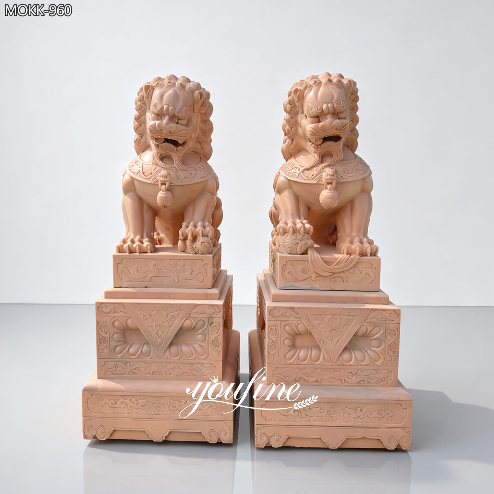 large Sunset Red Marble Foo Dogs Pair MOKK-960