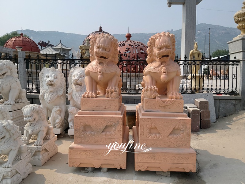Sunset Red Marble Foo Dogs statue Pair