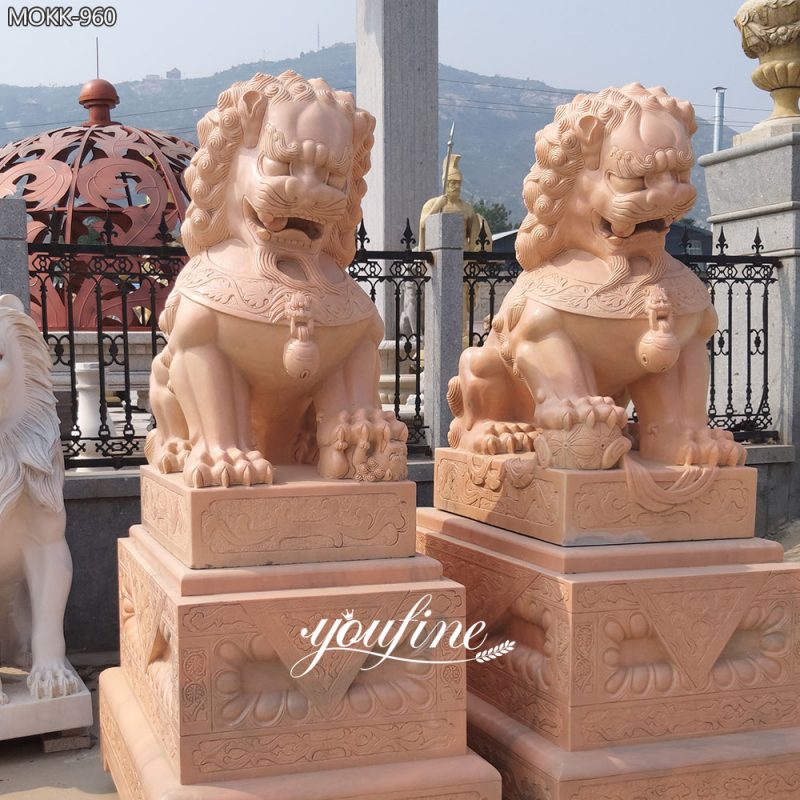 large Sunset Red Marble Foo Dogs Pair