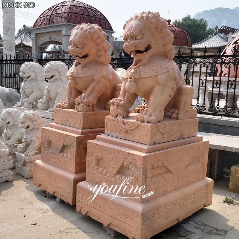 outdoor Sunset Red Marble Foo Dogs Pair