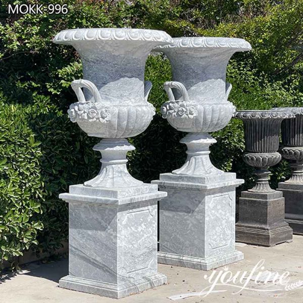 Garden White Marble Flower Pot Hand Carved Art for Sale MOKK-996