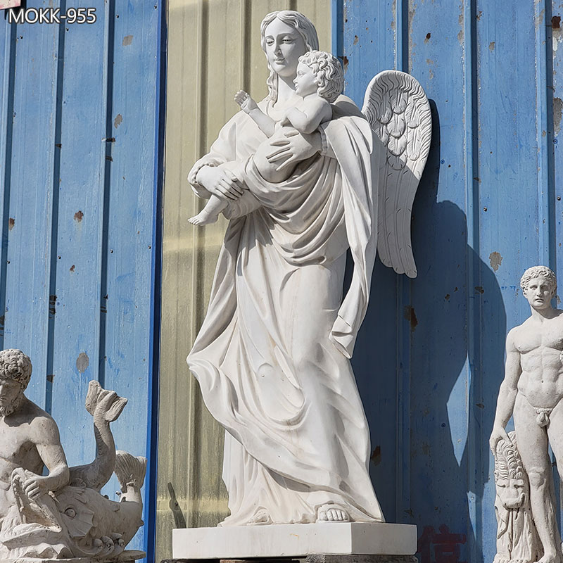 Life-Size-Marble-White-Angel-With-Baby-Statue