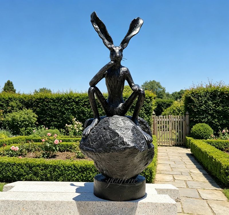 Rabbit Statue Thinker on a Rock for garden