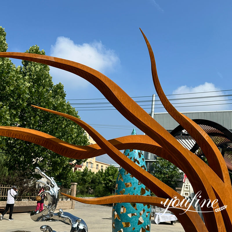 corten art tree sculpture details