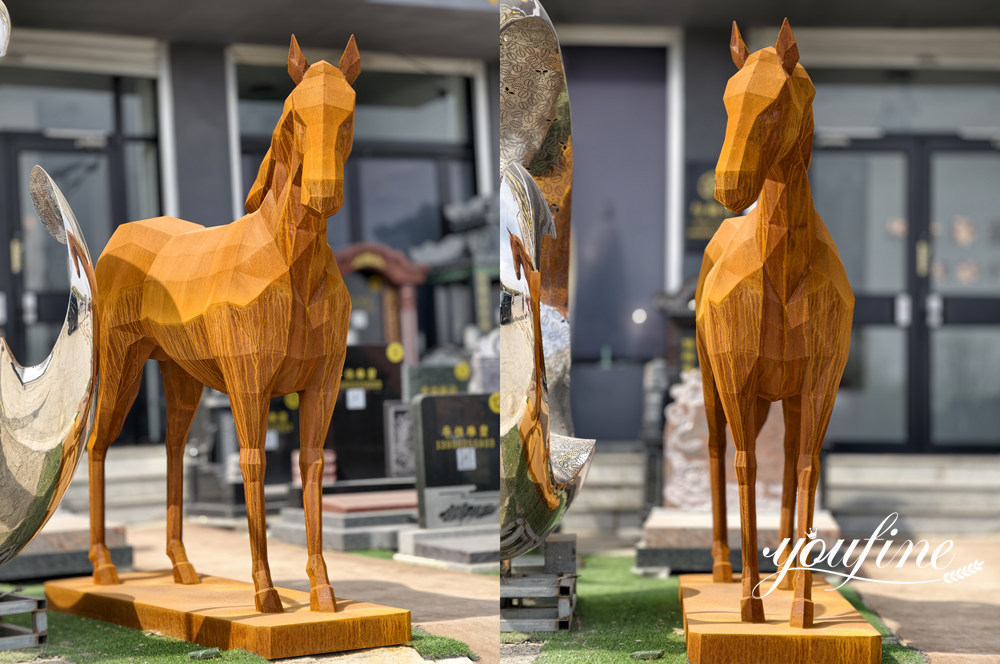 finished corten steel horse sculpture