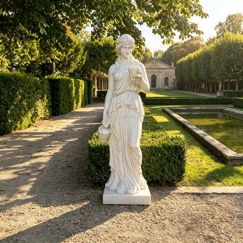 Scultura di Hebe in marmo bianco per decorazione esterna di castelli.