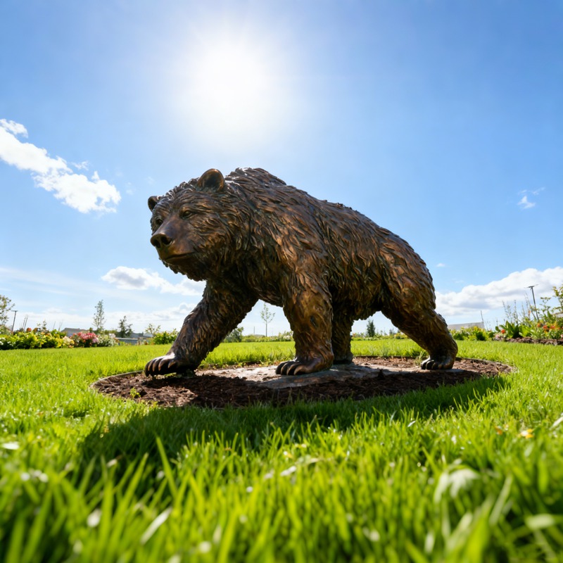 bronze brown bear statue on rock