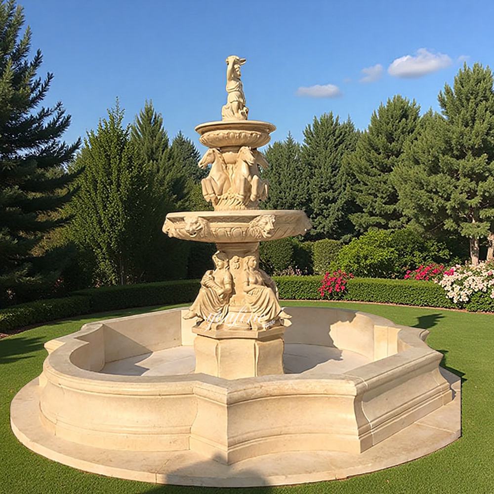 Natural Beige Rearing Horse Sculpture and Muse Fountain