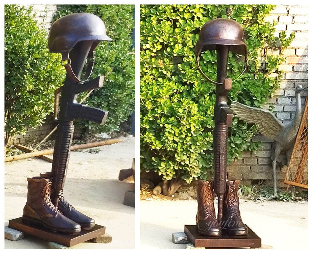 bronze battlefield cross statue with boots rifle and helmet
