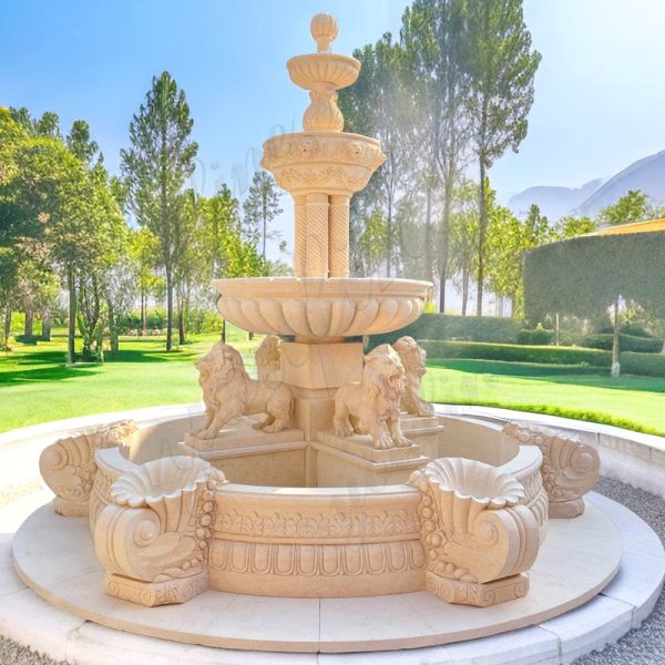 Natural Egyptian Beige Marble Lion Statue Fountain Garden Decoration