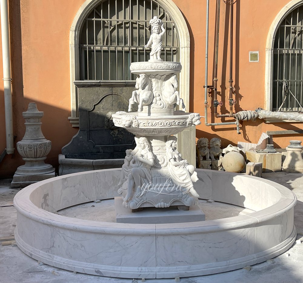 Natural marble Rearing Horse Sculpture and Muse Fountain with child statue